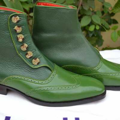Crafted leather classic mens green leather ankle high button dress boot - Thumbnail 4