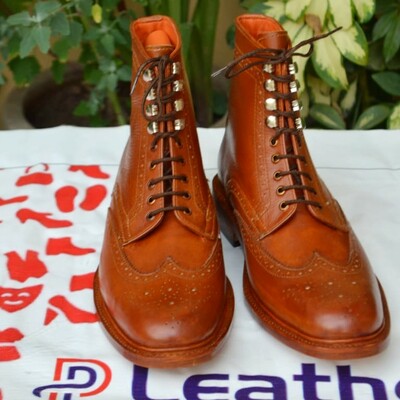 Crafted leather handmade classic brown men ankle high wingtip lace up dress boot - Thumbnail 3