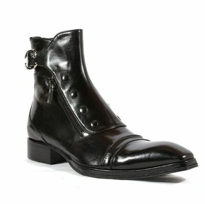 Handmade Men's Pure Black Side Button, Zipper Monk Strap High Ankle Dress Boots