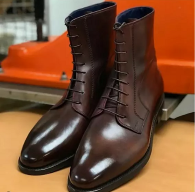 Men Brown Leather Ankle Boots with Lace up Closure, Men Leather Boots