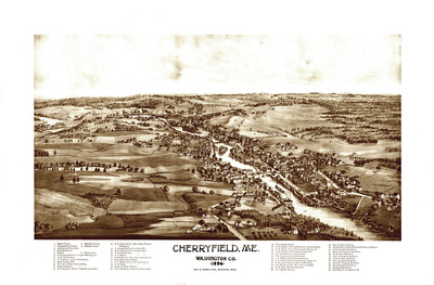 Cherryfield, Maine in 1896 - Bird's Eye View Map, Aerial, Panorama, Vintage, Antique, Reproduction, Giclée, Framable, Fine Art