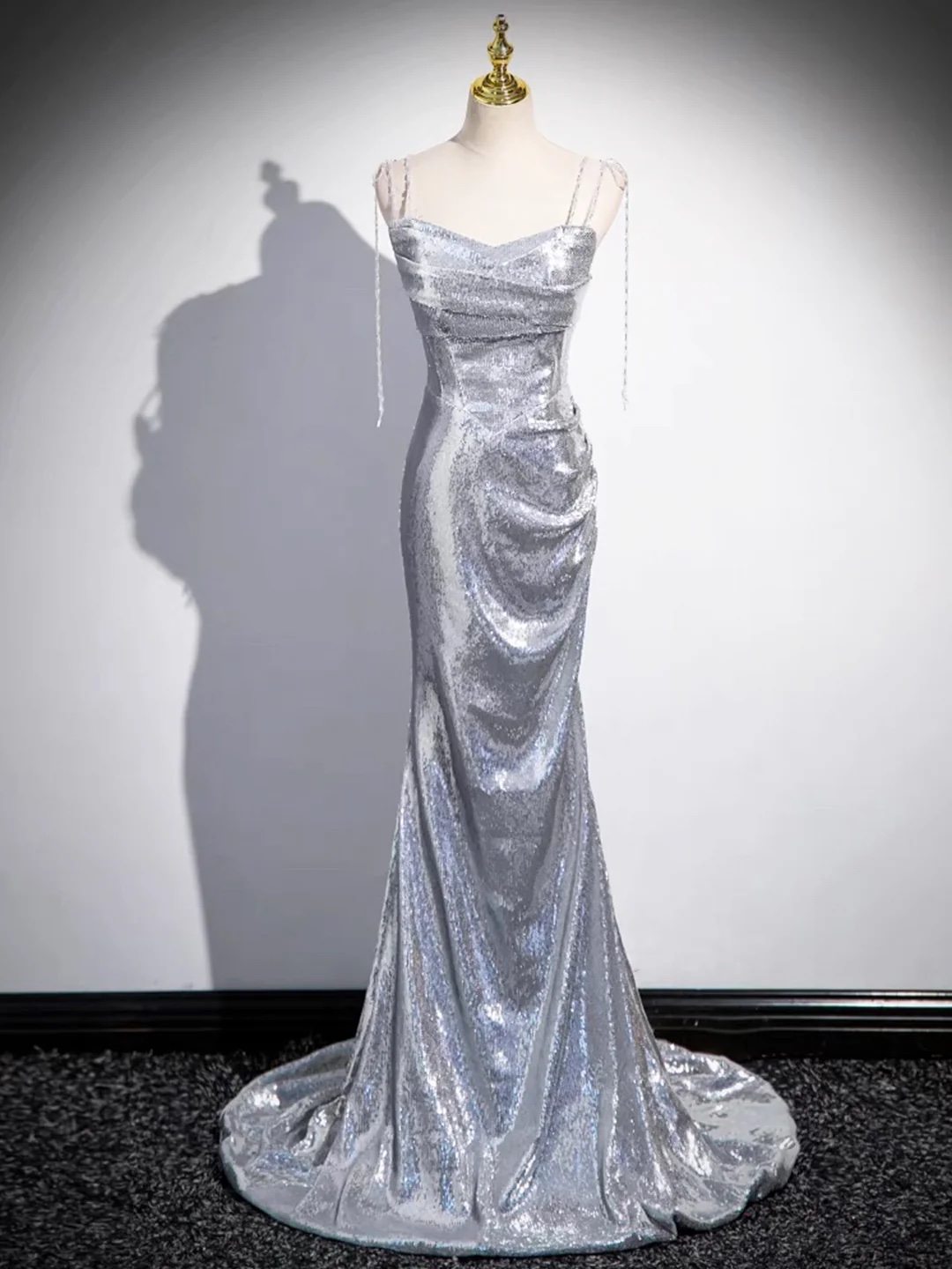 Silver Sequins Floor Length Prom Dress, Mermaid Spaghetti Strap Evening Dress