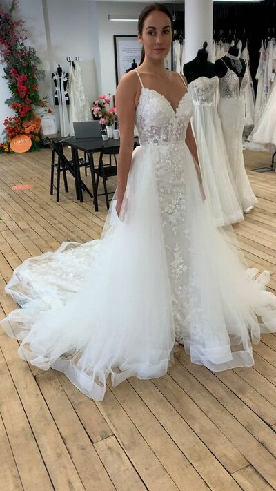 Elegant Mermaid Lace Appliques with Detachable Train Wedding Dress Bridal Gown