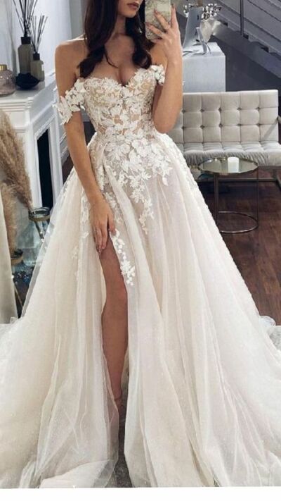 Elegant A Line Off the Shoulder Sleeveless Lace Appliques Side Slit Wedding Dress Bridal Gown