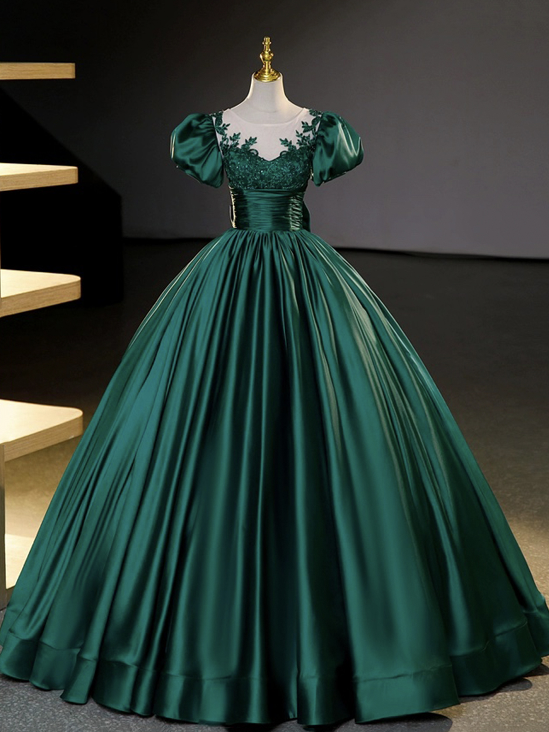 Green Satin Lace Short Sleeve Floor Length Prom Party Dress