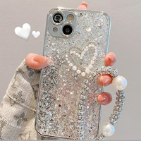 Glitter Pearl Heart Case With Bracelet For iPhone 16 15 14 IPS706 - Thumbnail 1