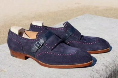 Handmade Men's Blue Wing Tip Brogue Monk Strap Dress Shoes, Real Suede Shoes