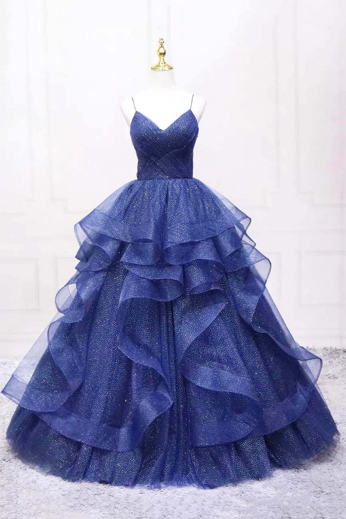 Blue Layers Tulle Floor Length Prom Dress, A-Line Spaghetti Strap Party Dress