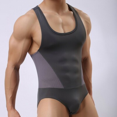 Mesh holes Men's sexy underwear lingerie tight stretch sports jumpsuit fintess bodysuit Gray BR2241