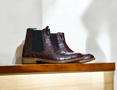 Handmade Genuine Cow-Hide Alligator Textured Leather Boots For Men, Chelsea Exotic