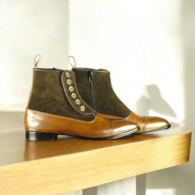 Ankle High Men's Brown Button Leather Suede Boot