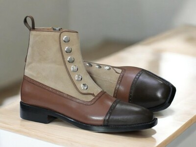 Ankle High Brown Button Boots, Handmade Leather Suede Boots