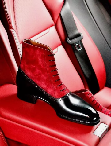 Handmade men black and red ankle Brogue boots, formal lace up office dress boots mens