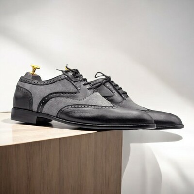 Handmade Men's Grey & Black Wingtip Oxford Leather Shoes.