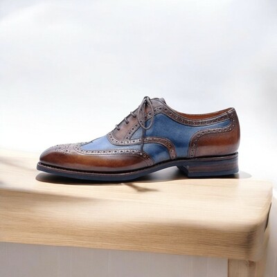 Men's blue brown wing tip Lace up leather shoes,