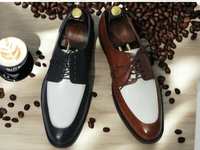 Handmade Leather Shoes, Dress Derby Lace up Black White Leather Men's Shoes