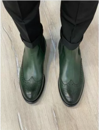 Handmade Men Green Leather Wing Tip Brogue Chelsea Boots, Ankle Leather Boots, Men Boots