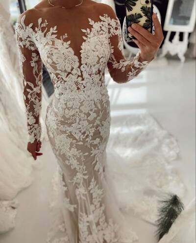 Elegant Sheer Long Sleeve Mermaid Lace Appliques Boho Wedding Dress Bridal Gowns