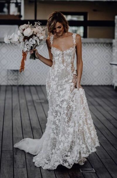 Luxury Mermaid Scoop Lace Appliques Boho Wedding Dress Bridal Gowns