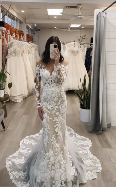 Luxury Mermaid Scoop Lace Appliques Long Sleeve Boho Wedding Dress Bridal Gowns