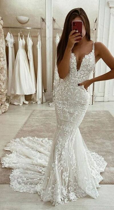 Elegant V Neck Mermaid Lace Appliques Boho Wedding Dress Bridal Gowns