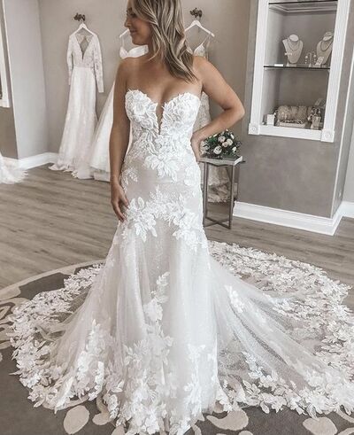 Simple Mermaid Sweetheart Lace Appliques Long Sleeve Boho Wedding Dress Bridal Gowns