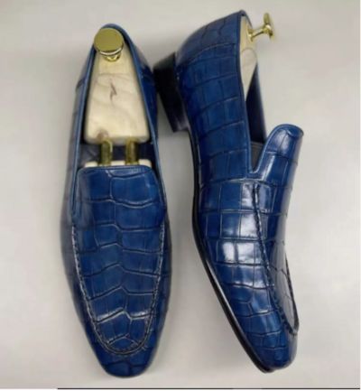 Handmade Men Crocodile Leather blue Loafer Shoes, Peas Shoes, Casual Loafer Shoe