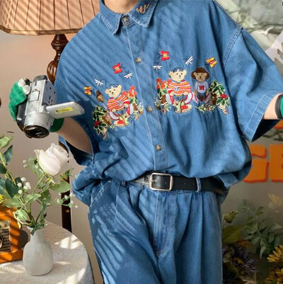 Bear Flower Embroidery Turndown Collar Denim Shirt