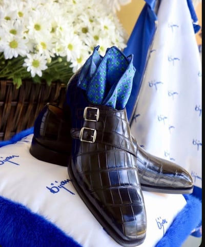 Handmade Men's Black Crocodile Double Monk Shoes