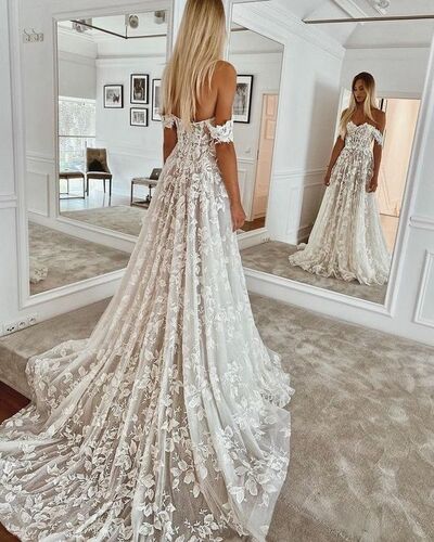 Elegant Off the Shoulder Lace Appliques Boho Wedding Dress Bridal Gowns