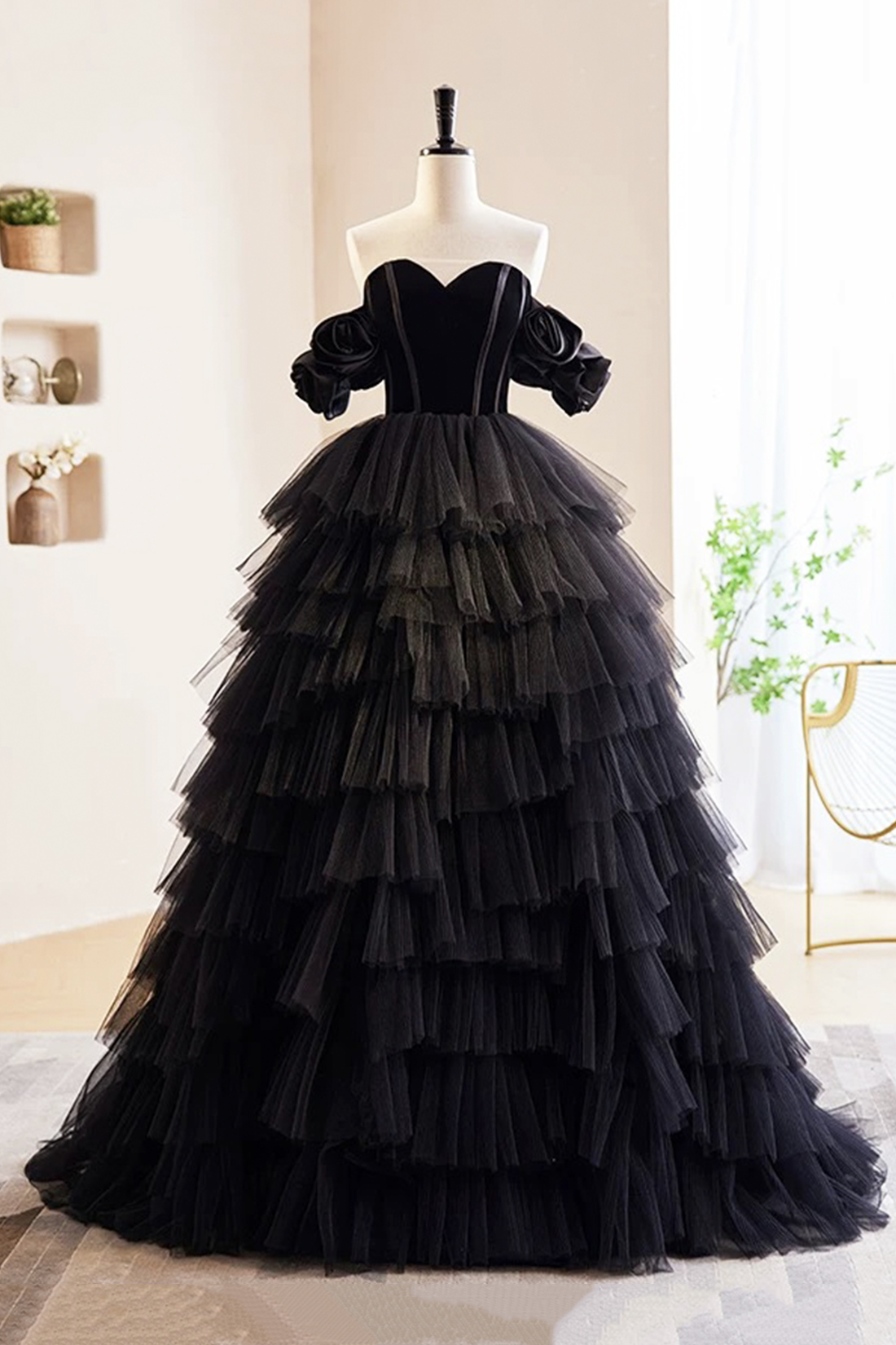 Black Tulle Floor Length Prom Evening Dress, A-Line Off the Shoulder Formal Dress
