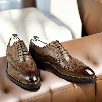 Hot Sale Men's Hand Stitch Brown Oxfords Wingtip Brogue Genuine Leather Lace Up Shoes