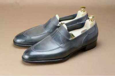 Men Handmade Gray Leather Moccasin Shoes, Gray Office Shoes, Gray Loafer Shoes