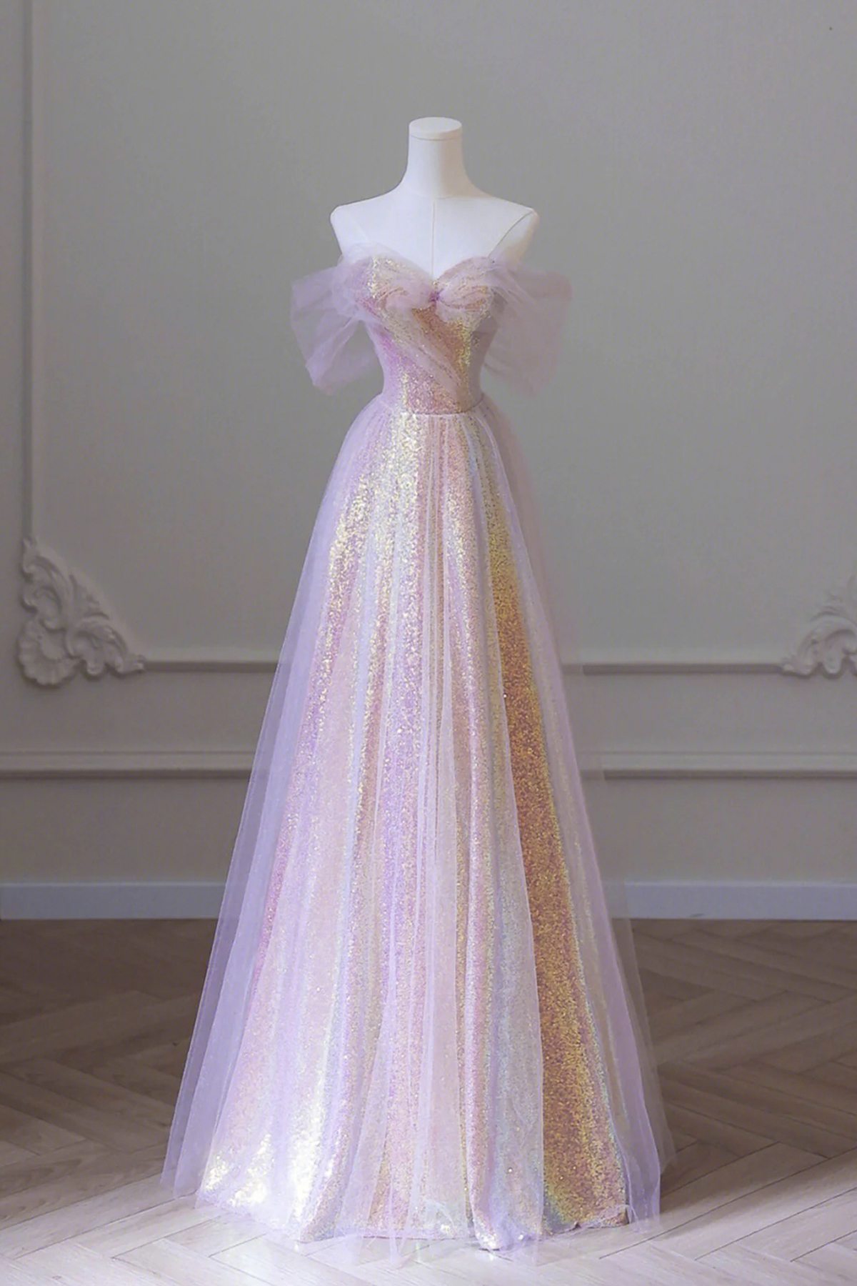 Purple Tulle Sequins Floor Length Prom Dress, A-line Party Dress