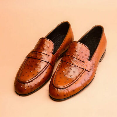 Handmade Tan Ostrich Print Leather Shoes, Casual Shoes For Men's