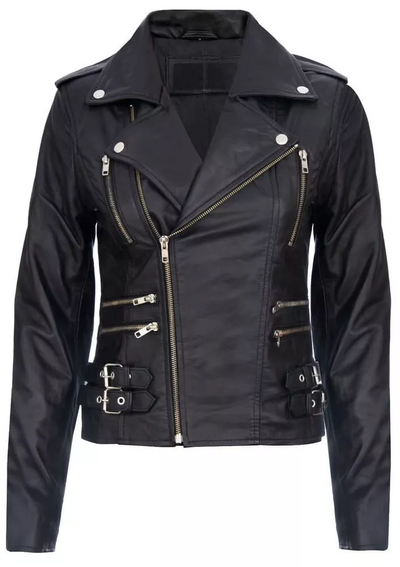 Women's Black Retro Gothic Style 100% Real Leather Biker Jacket Soft Multi Zip Coat
