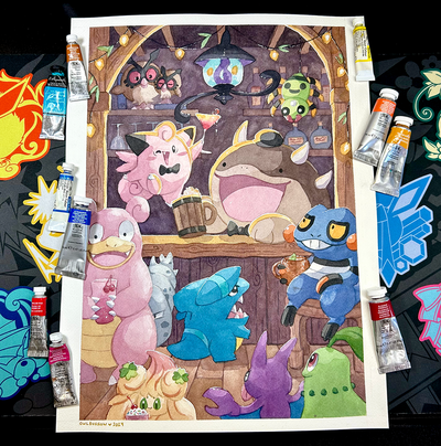 ORIGINAL Clodsire's Tavern Watercolor Painting