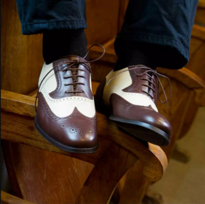 Handmade Mens Two Tone Wing Tip Brogue Lace Up Dress Shoes, Mne Spectator Leather Dress Shoes