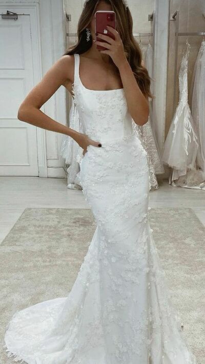 Simple Sheath Lace Appliques Beach Boho Wedding Dress Bridal Gowns