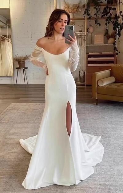 Simple Sheath Long Sleeve Side Slit Beach Boho Wedding Dress Bridal Gowns