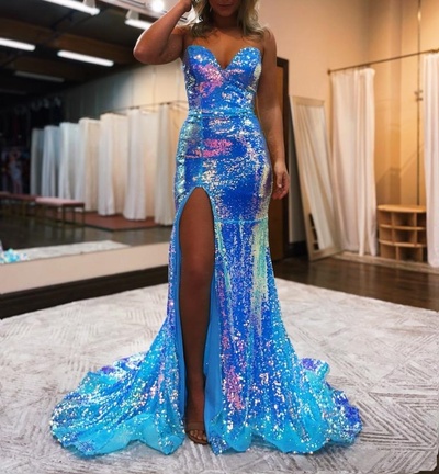 Fashion Illusion Sequin Mermaid Sweetheart Neckline Slit Ball Gown