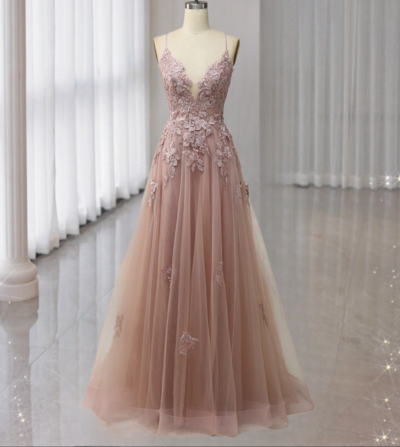 Luxe coral A-line spaghetti strap long ball gown with appliques prom dress