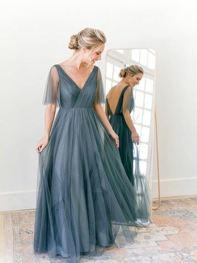Simple Grey A Line Mother of Bride/ Groom Dress Pleat Evening Formal Gowns Prom Dress