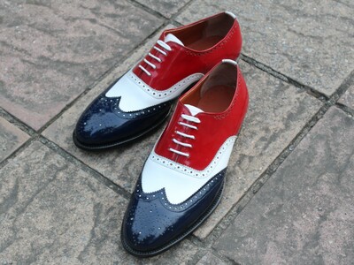 Crafted Leather Classic Handmade Tri Tone Color Leather Oxford Wingtip Dress Shoes