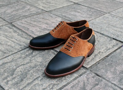 Crafted Leather Classic Black Leather Brown Suede Leather Oxford Lace up Dress Shoes