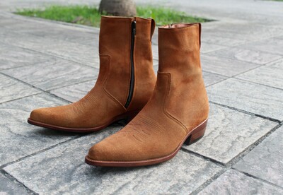 Crafted Leather Classic Men Brown Suede Leather Side Zipper Ankle High Dress Jodhpur Boot