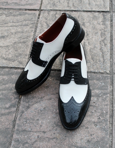 Crafted Leather Handmade Classic Black White Leather Wingtip Oxford Dress Shoes