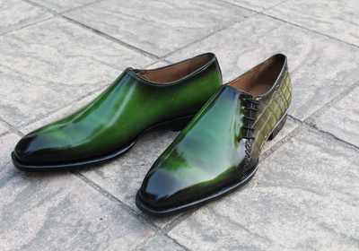 Crafted Leather Classic Green Calf and Crocodile Leather Side Laces Oxford Dress Shoes