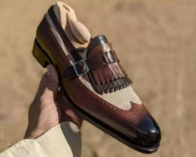 New Handmade Leather & Suede Wingtip Brogue Fringes Monk Strap Dress Shoes For Men's