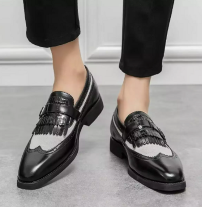 New Handmade Two Tone Leather & Suede Wingtip Brogue Fringes Monk Strap Dress Shoes For Men's